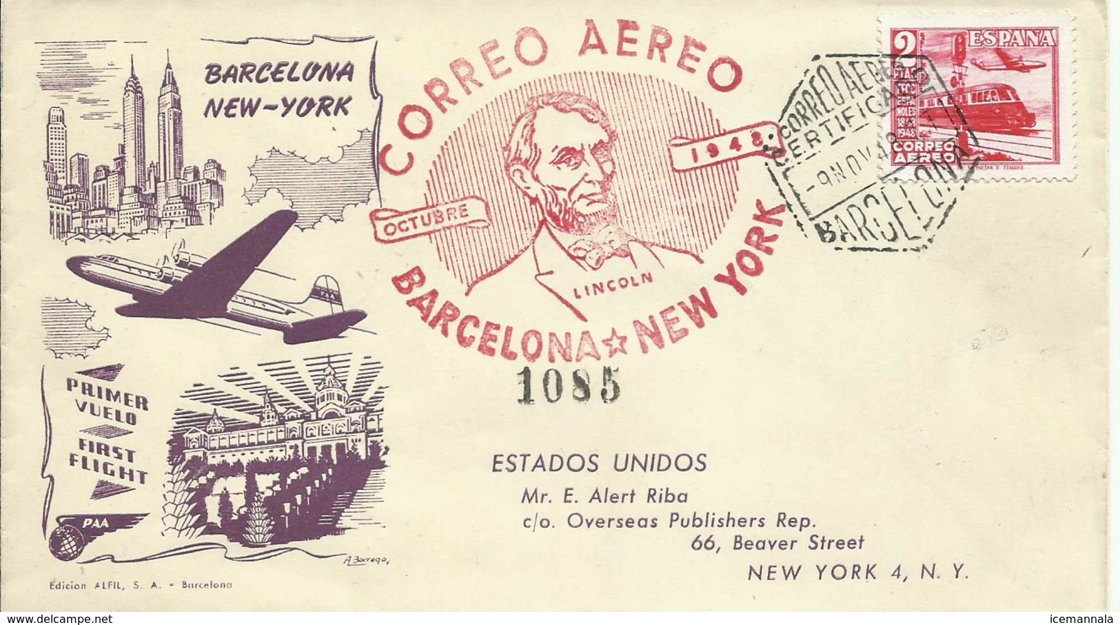 ESPAÑA, SOBRE VUELO BARCELONA/NEW YORK CON SELLO EDIFIL 1039 - Cartas & Documentos