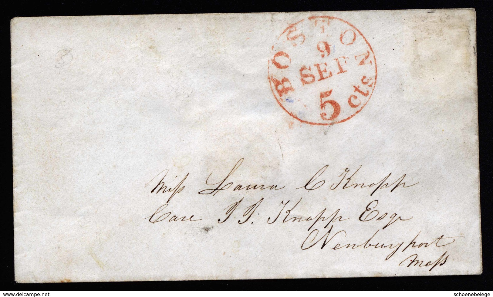 A5794) US Cover Boston Cancel 5 Cents Red - …-1845 Préphilatélie