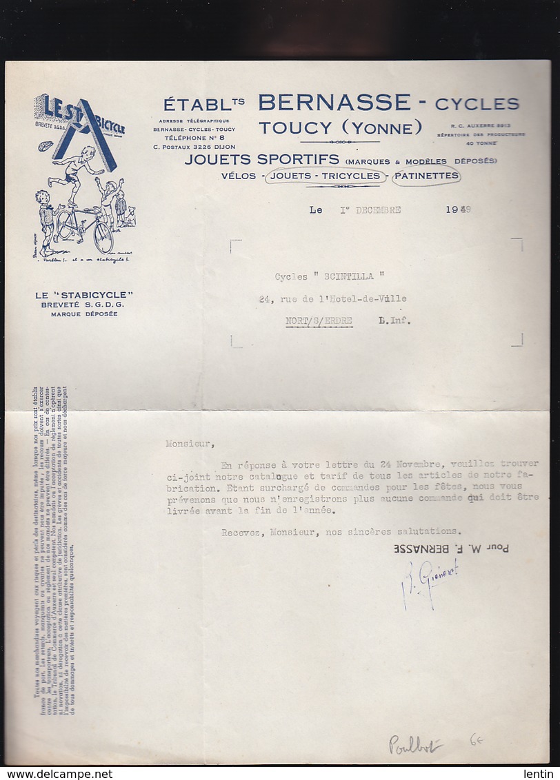 Jouet - Tricycle - Bicyclette Enfants - Bernasse Toucy Yonne - Catalogue, Facture - Autres & Non Classés