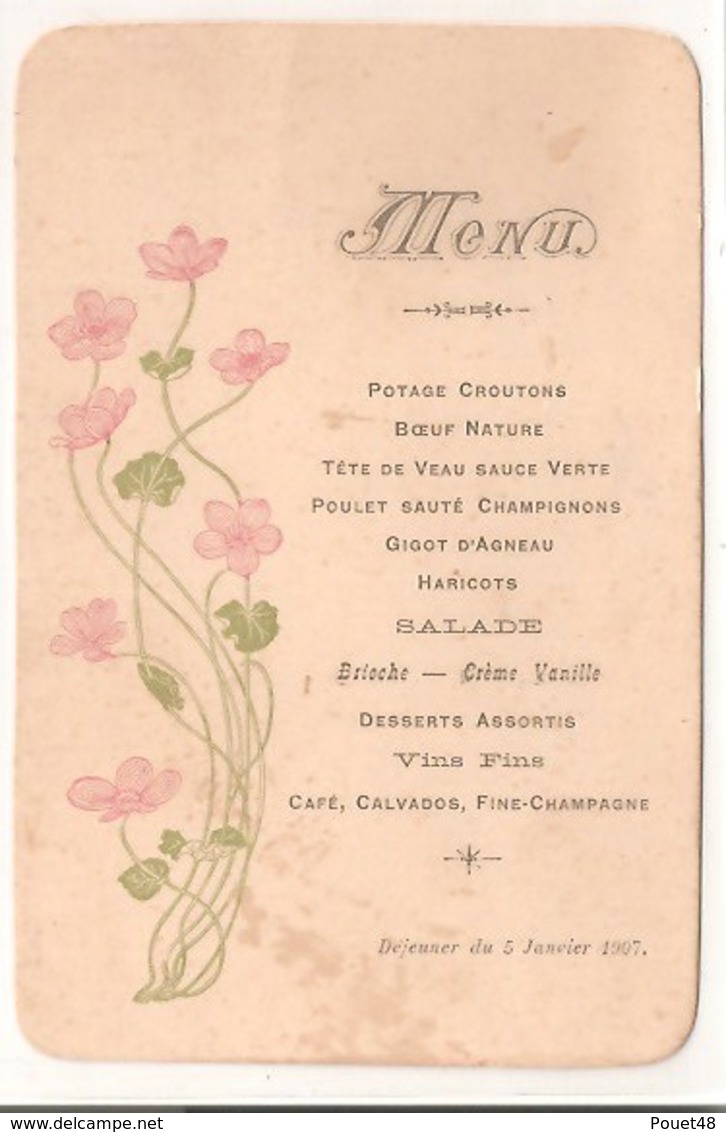 MENU - 5 Janvier 1907, Format CPA - Menu