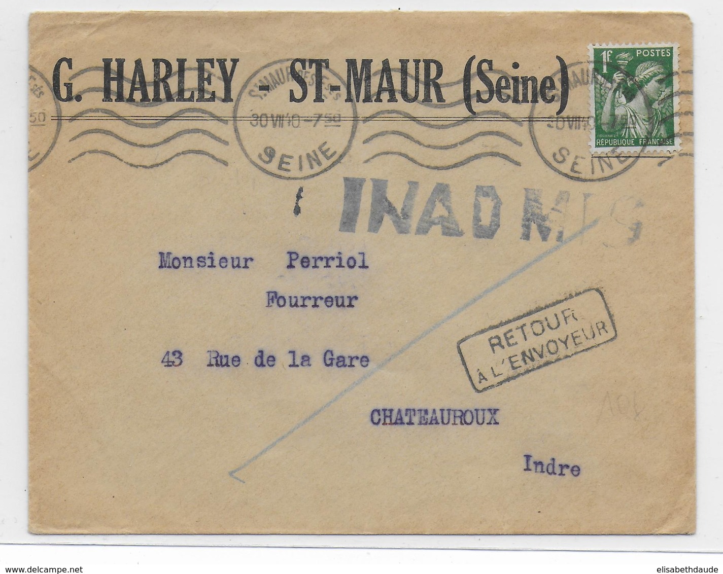 1940 - INADMIS - ENVELOPPE De ST MAUR DES FOSSES (SEINE) => CHATEAUROUX (INDRE) - IRIS - Guerre De 1939-45