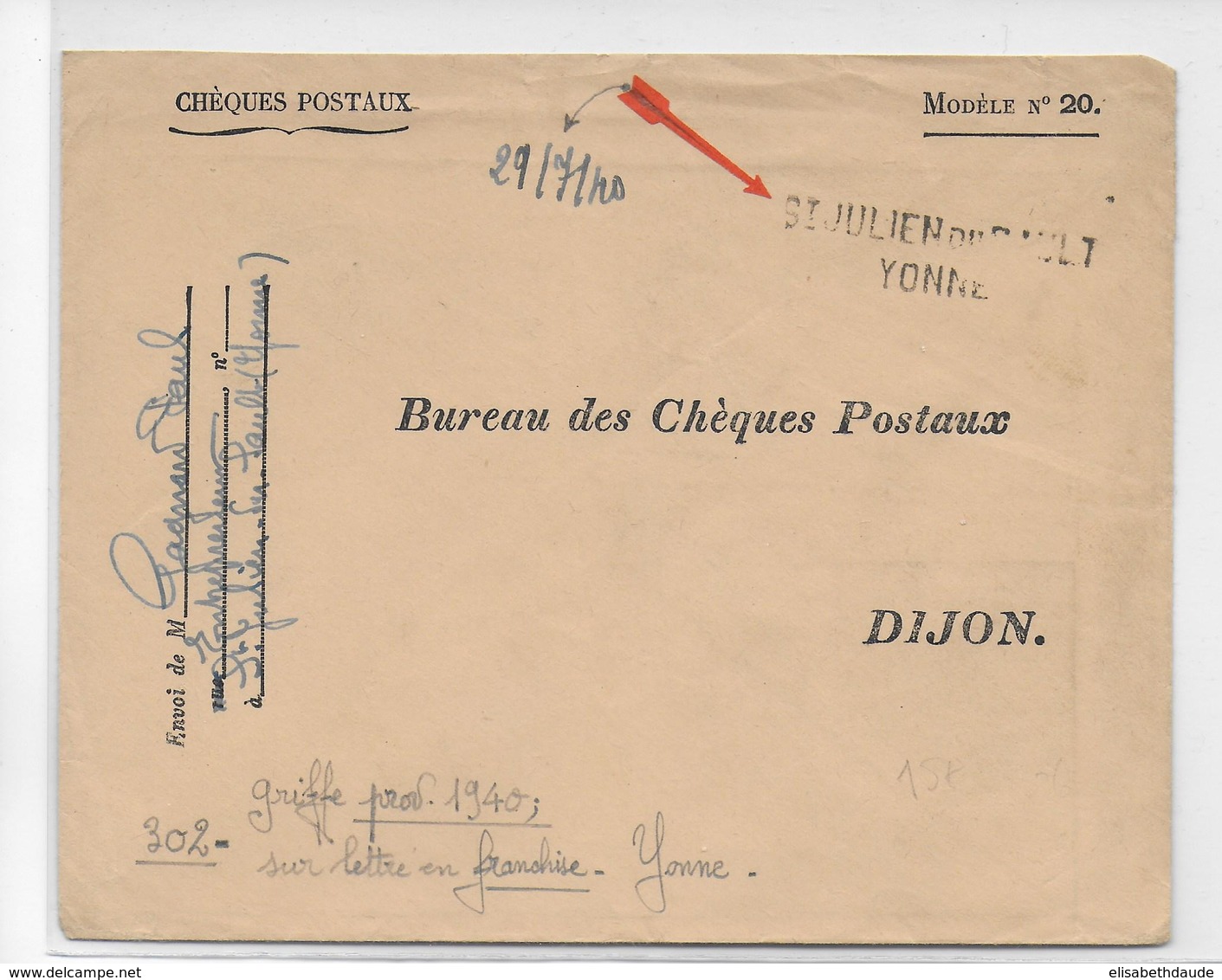 1940 - CACHET PROVISOIRE - DEBACLE ET EVACUATION Du MATERIEL POSTAL - ENVELOPPE PTT De ST JULIEN Du SAULT (YONNE) - Guerre De 1939-45