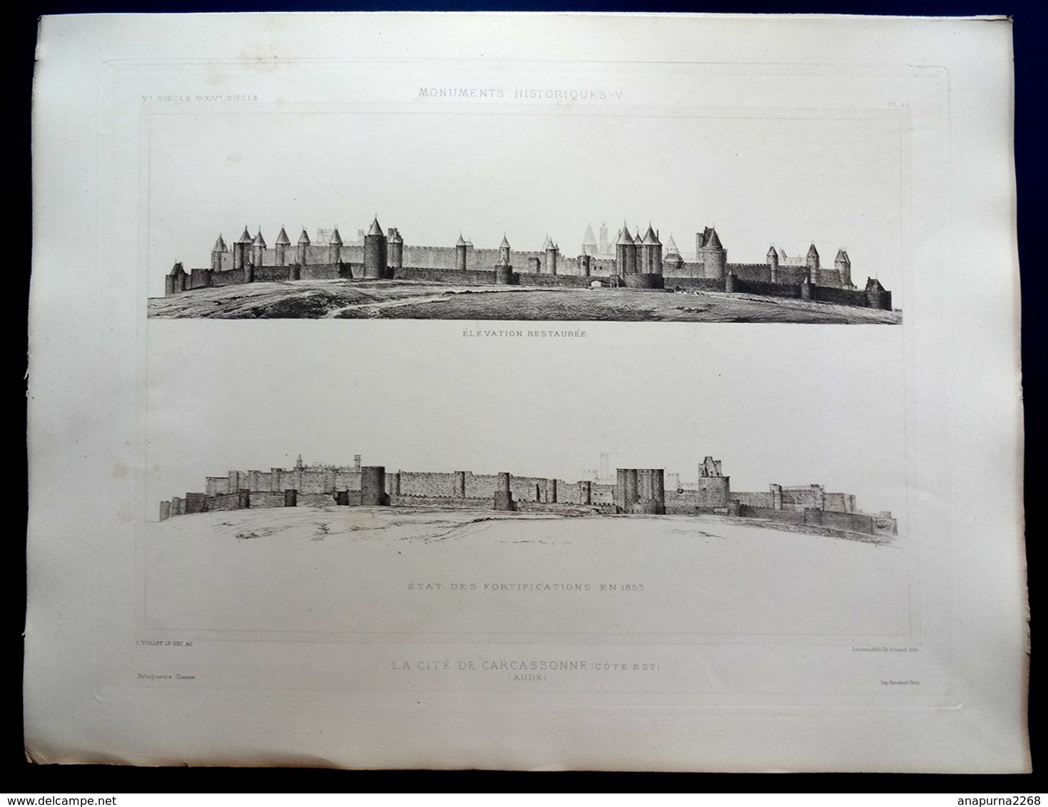 4 HÉLIOGRAVURES CHAUVET ...FRANCE...CARCASSONNE...LES FORTIFICATIONS EN 1853 ET APRES RESTAURATION PAR VIOLLET LE DUC - Documents Historiques