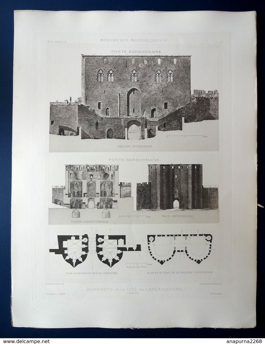 4 HÉLIOGRAVURES CHAUVET ...FRANCE...CARCASSONNE...LES FORTIFICATIONS EN 1853 ET APRES RESTAURATION PAR VIOLLET LE DUC - Documents Historiques