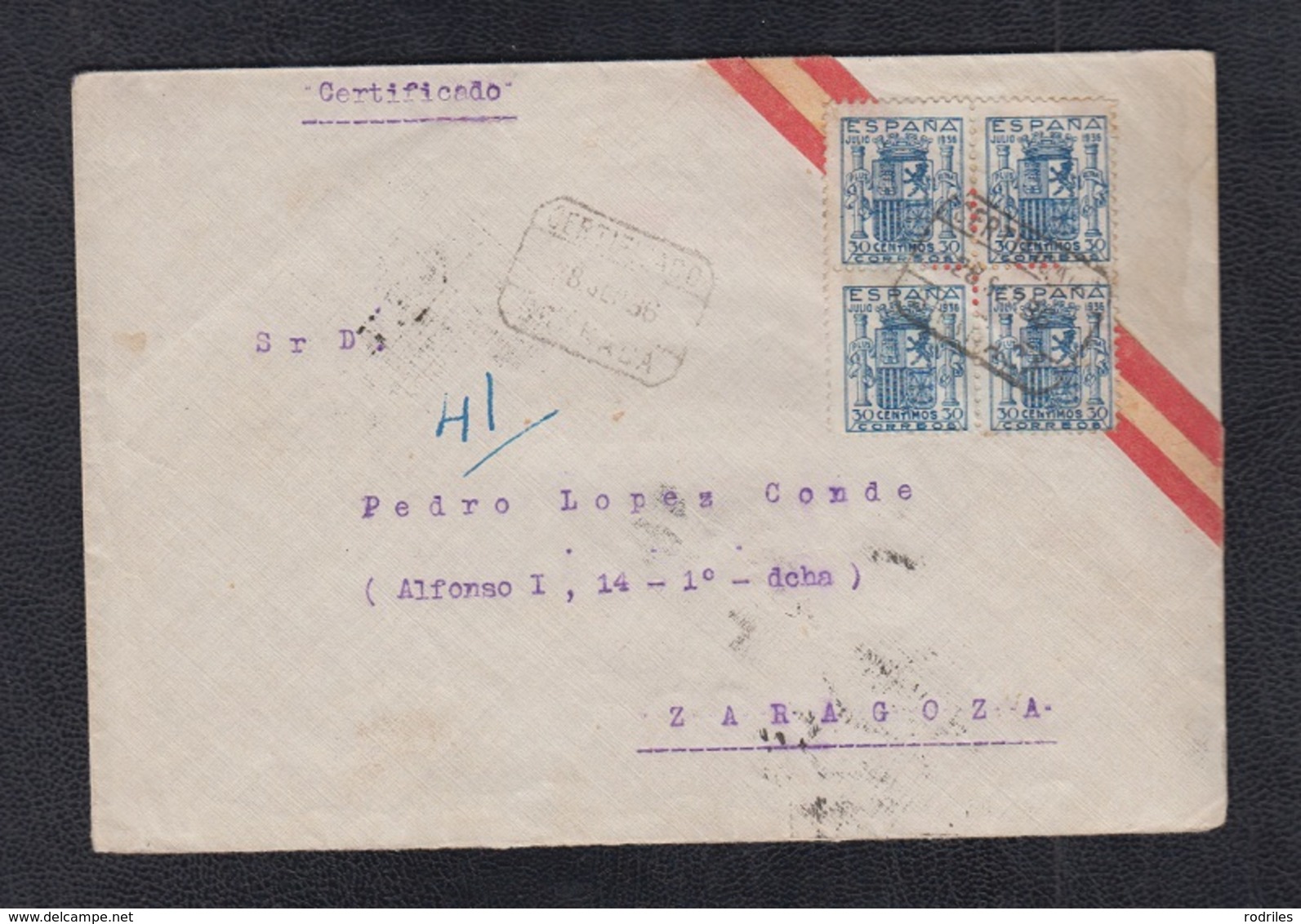 1936.-  GRANADA A ZARAGOZA.       EDIFIL 801 EN BLOQUE DE CUATRO. - Cartas & Documentos