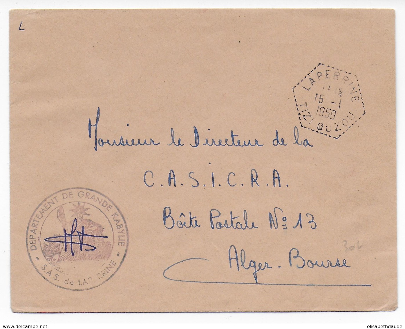 ALGERIE - 1959 - CACHET HEXAGONAL + ADMINISTRATIF De SAS -  ENVELOPPE PTT De LAPERRINE (TIZI OUZOU) - Lettres & Documents