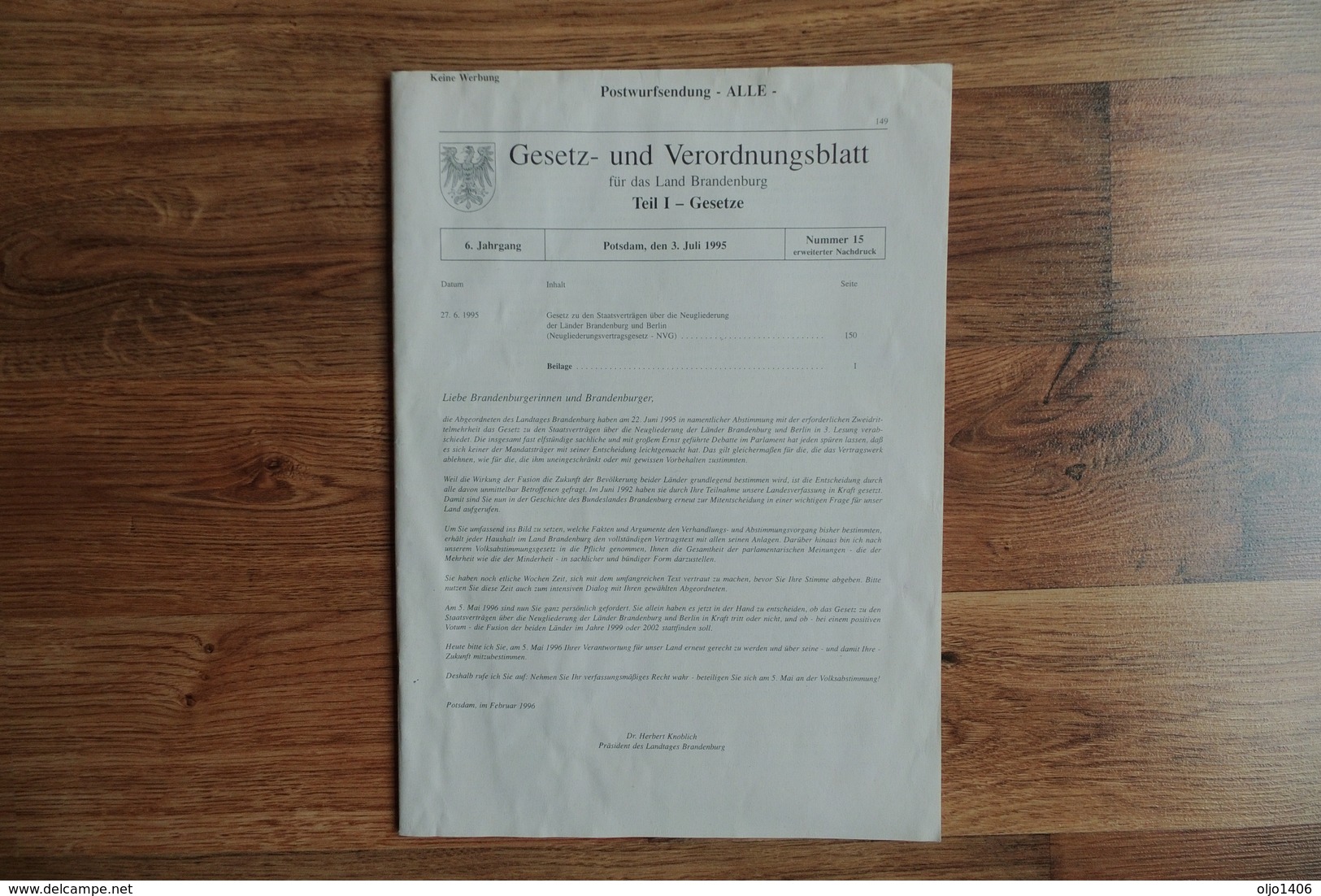 Gesetz- Und Verordnungsblatt Nr.15, Staatsverträge Berlin-Brandenburg, 1995, NVG - Sonstige & Ohne Zuordnung