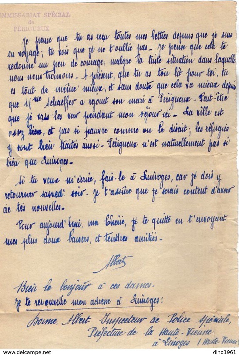 VP14.268 - MILITARIA - Commissariat Spécial De PERIGUEUX - Lettre De L'Inspecteur De Police Spéciale A. DORME à LIMOGES - Police & Gendarmerie