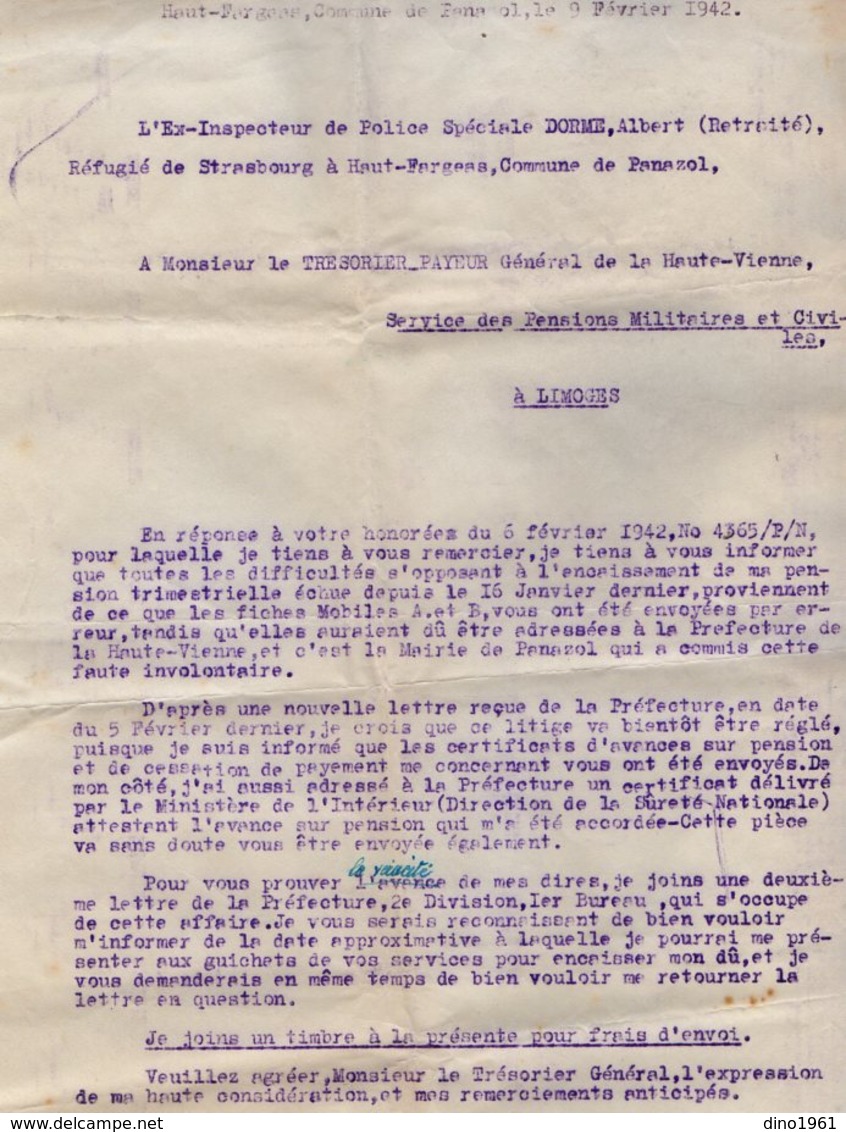 VP14.270 - MILITARIA - Guerre 39 / 45 - Lettre De L'Ex Inspecteur De Police A. DORME Réfugié De STRASBOURG à PANAZOL - Police