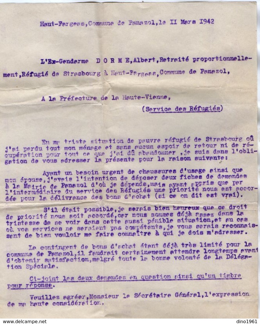 VP14.271 - MILITARIA - Guerre 39 / 45 - Lettre De L'Ex Gendarme A. DORME Réfugié De STRASBOURG à PANAZOL - Polizia