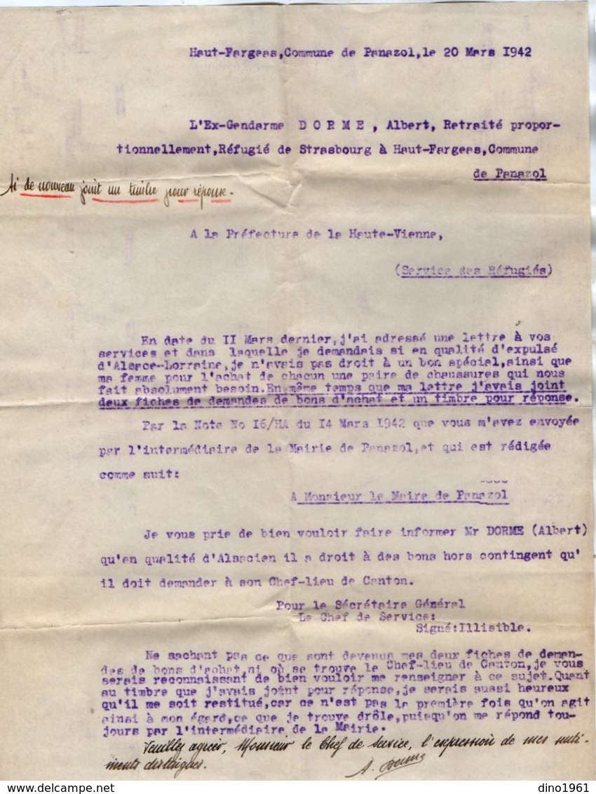 VP14.272 - MILITARIA - Guerre 39 / 45 - Lettre De L'Ex Gendarme A. DORME Alsacien Réfugié De STRASBOURG à PANAZOL - Police & Gendarmerie