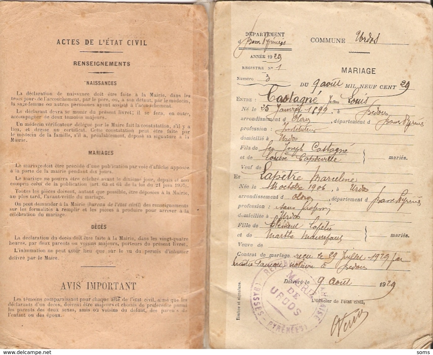 Livret De Famille D'Urdos En Aspe (64), Instituteur Jean-Louis Castagné, Mariage En 1929 Avec Marceline Lapêtre, Vichy - Documents Historiques