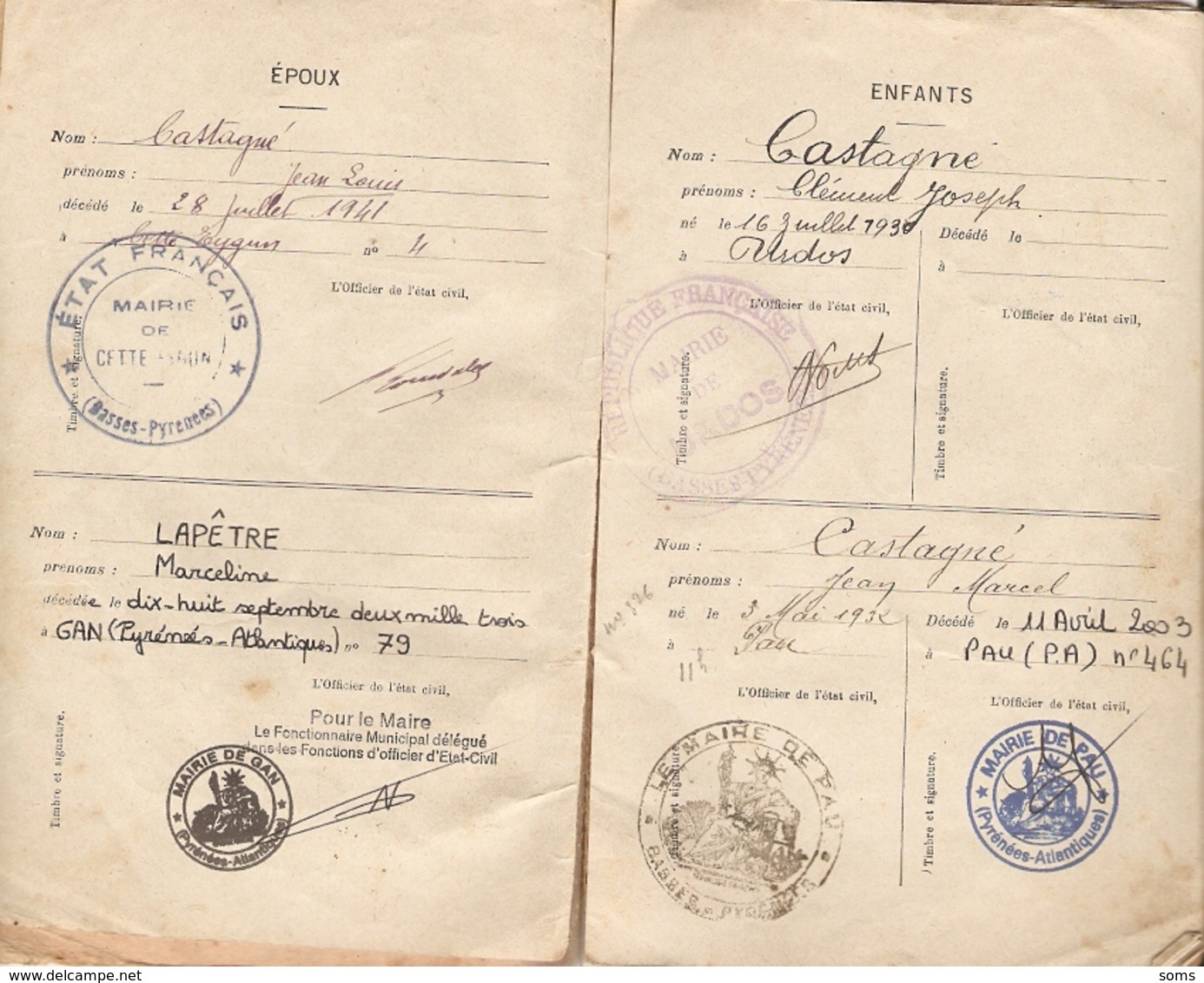 Livret De Famille D'Urdos En Aspe (64), Instituteur Jean-Louis Castagné, Mariage En 1929 Avec Marceline Lapêtre, Vichy - Documents Historiques