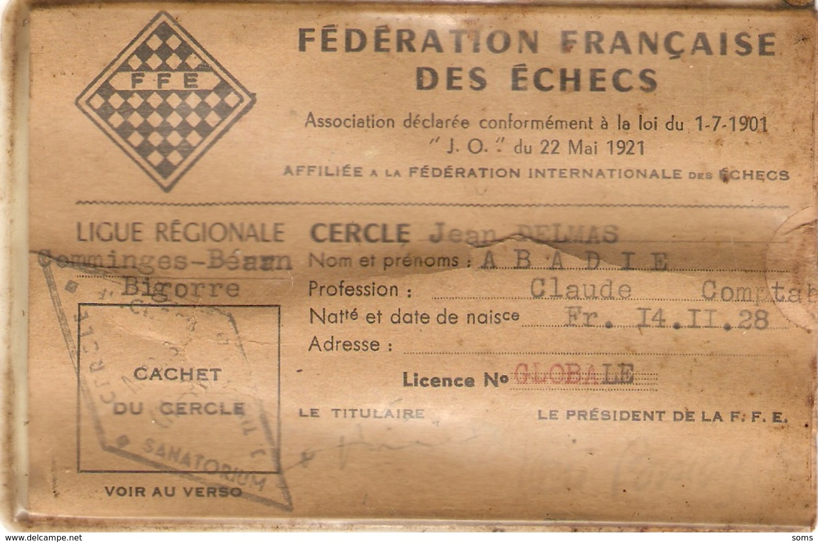 Carte De La Fédération Française Des Echecs, Ligue Régionale Comminges Béarn Et Bigorre, Cercle Jean Delmas, FFE - Non Classés