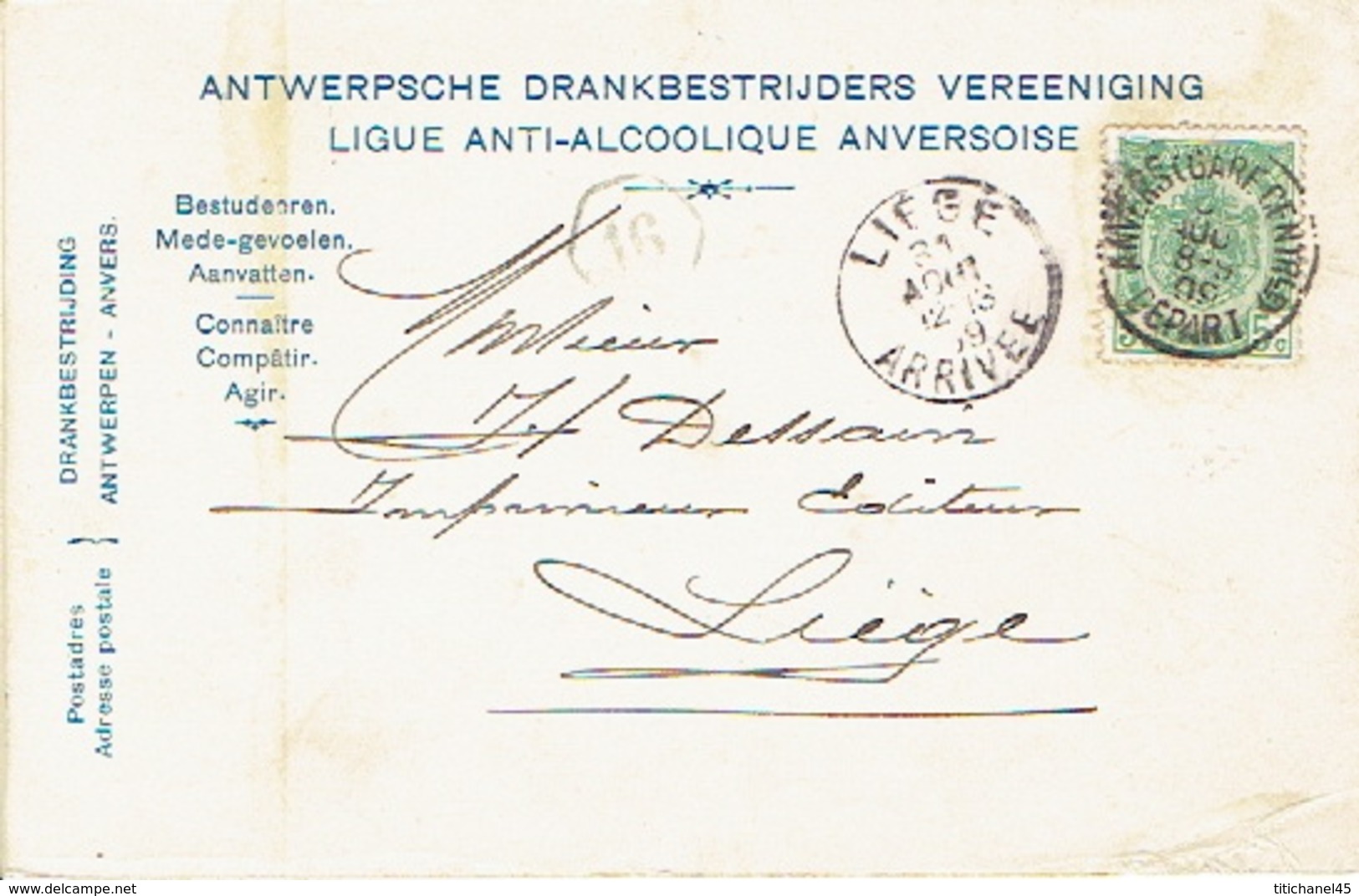 CP/PK Publicitaire ANTWERPEN 1909 - Entête ANTWERPSCHE DRANKBESTRIJDERS VEREENIGING - Antwerpen