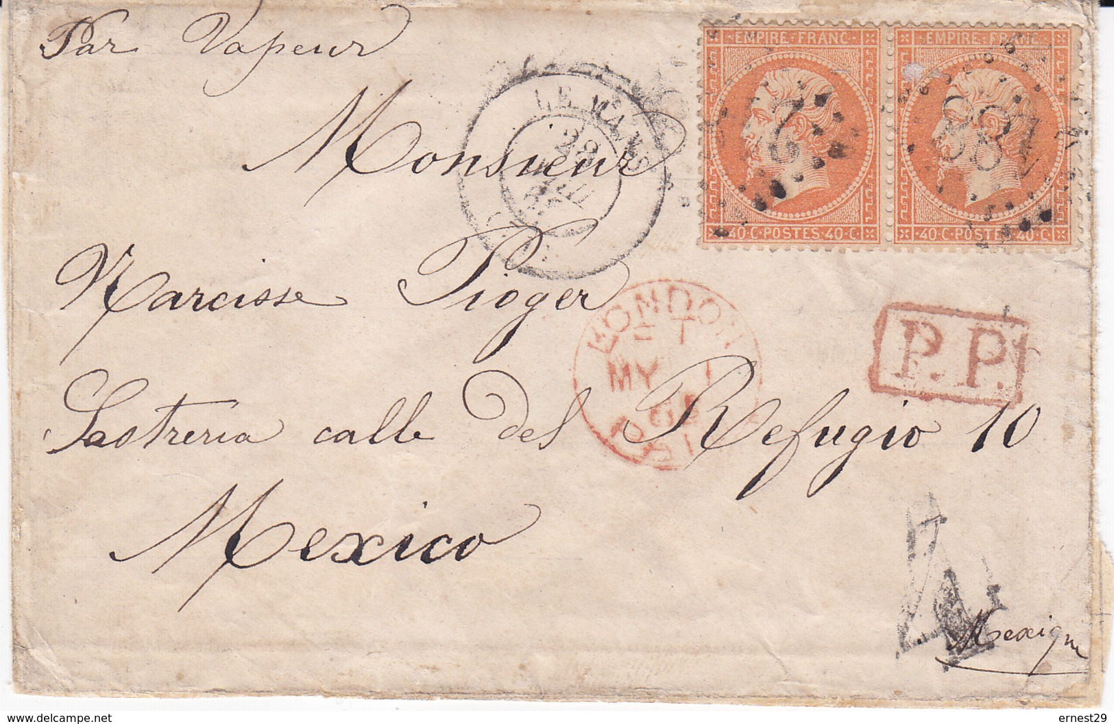 Lettre Du Mans Pour Mexico Paire De 40 Cts Empire D GC 2188 Tarif De 03/62 Taxe Mexicaine Par Extraoridinario - 1849-1876: Klassieke Periode