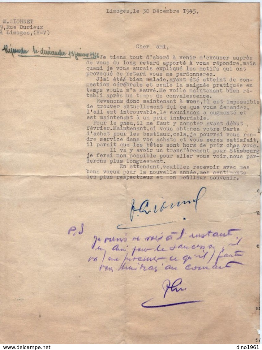 VP14.275 - 1945 - Lettre En Franchise Militaire Gendarme LIONNET à LIMOGES Pour Mr DORME Ex Gendarme à SCHILTIGHEIM - Police & Gendarmerie