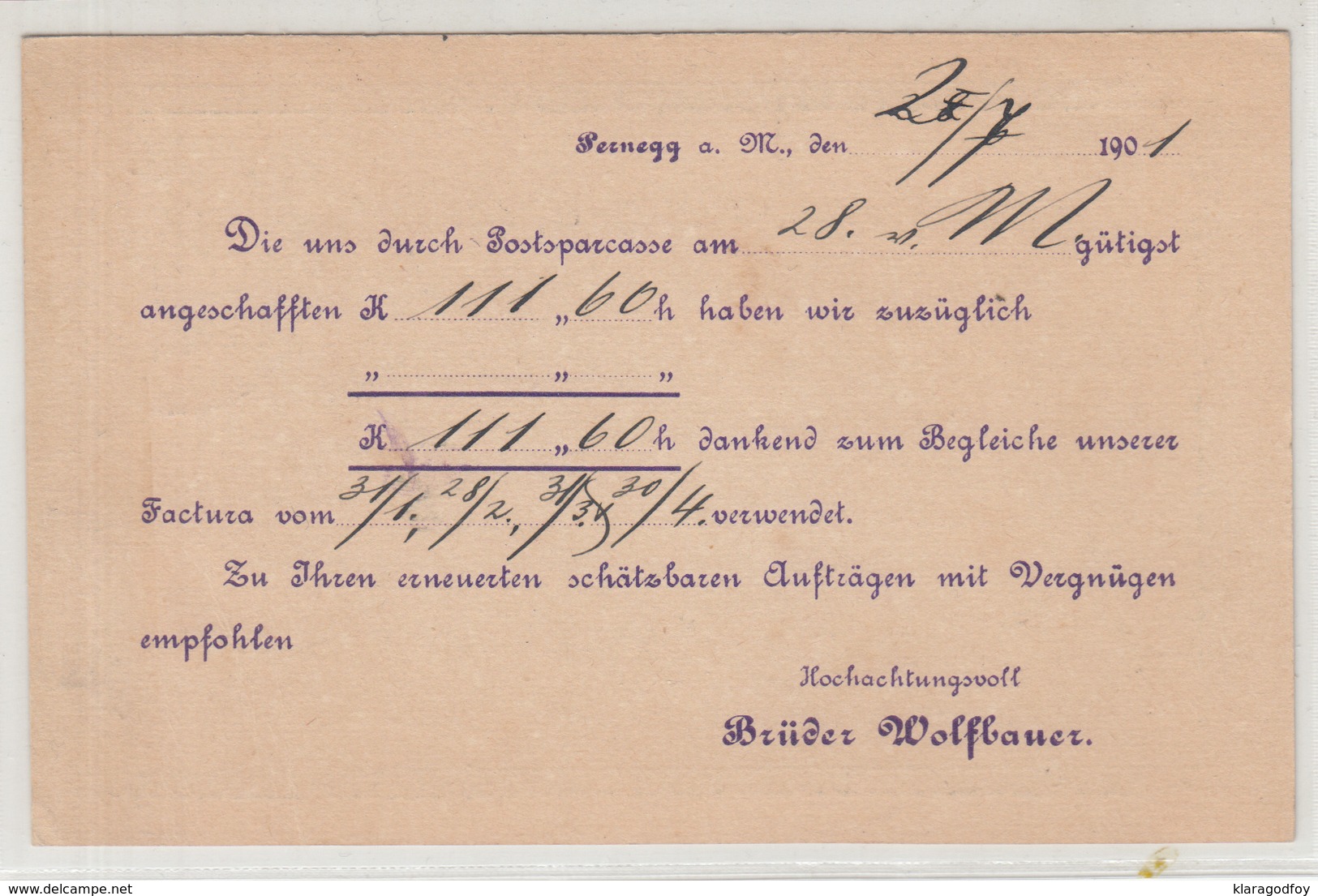 Brüder Wolfbauer, Pernegg Pre-printed Postal Stationery Travelled 1901 Wien-Triest Pmk To Gornji Grad (Oberburg) B190110 - Slovénie