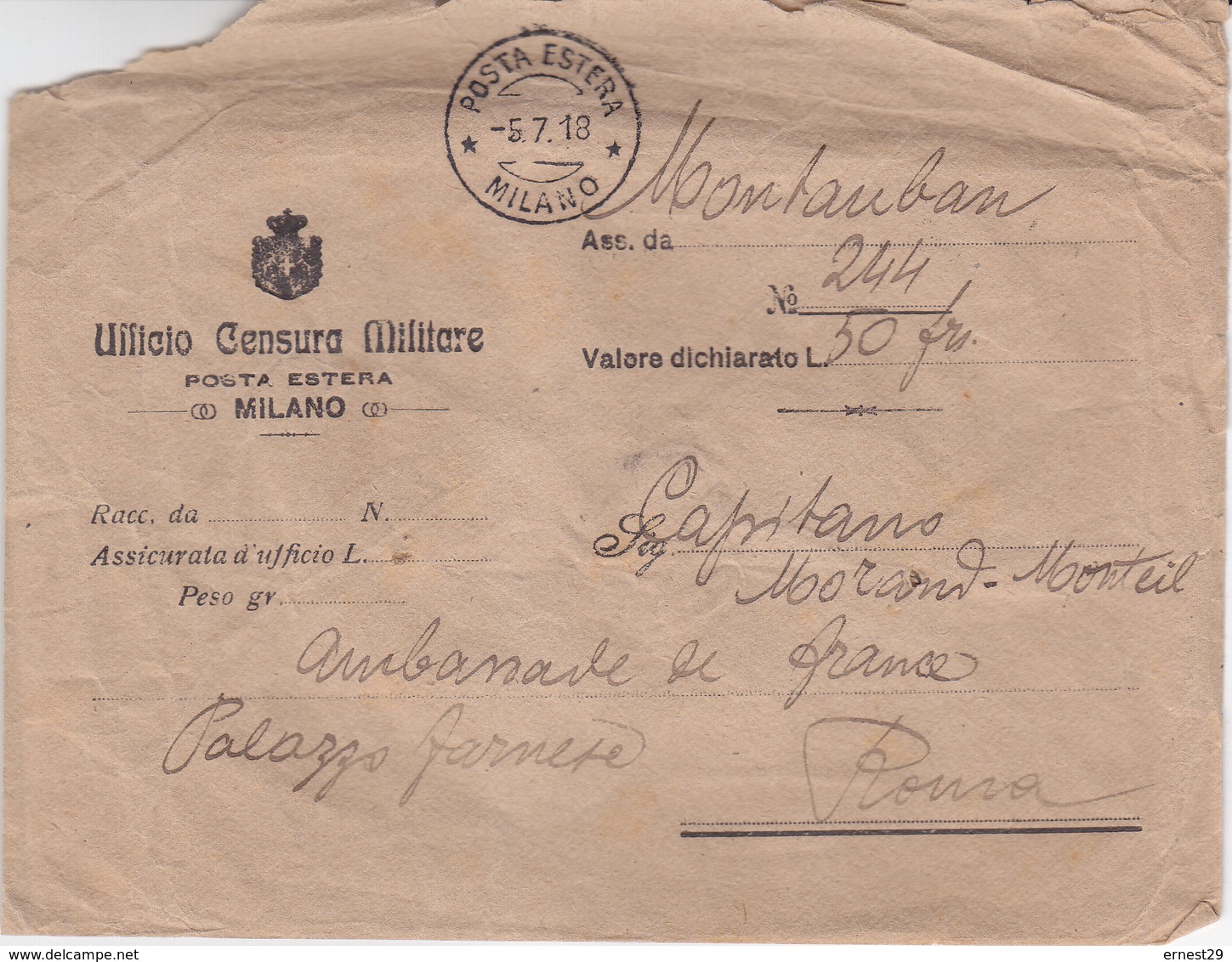 MILAN Lettre Posta Estera Milano Courrier étranger Milan Officio Censura Militare Bureau Censure Cachets De Cire - Storia Postale