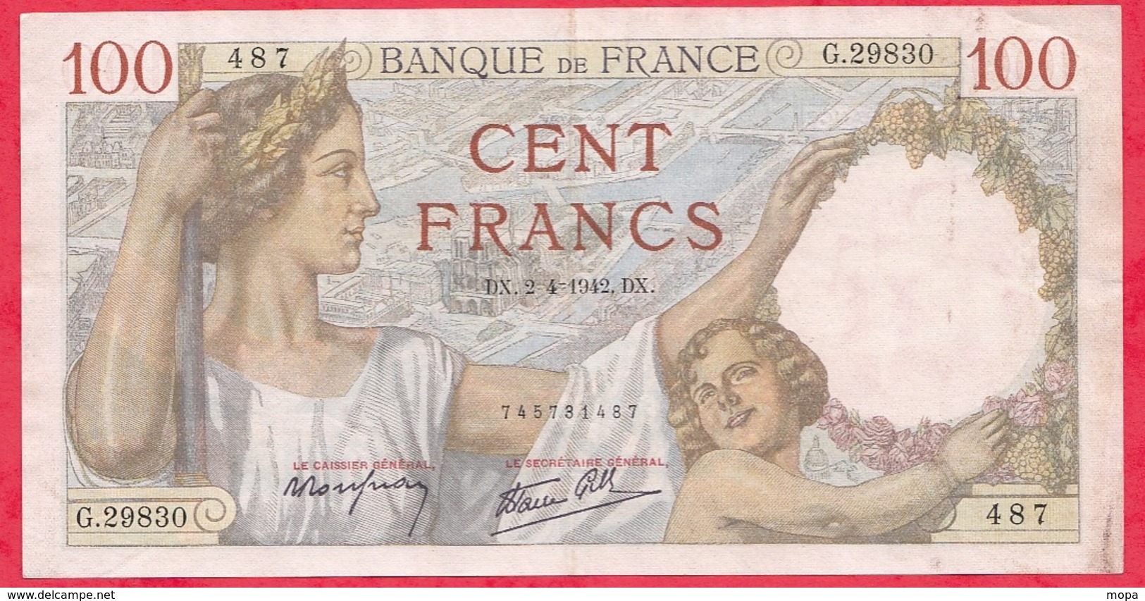 100 Francs "Sully" Du 02/04/1942.DX ----F/TTB+---Série G.29830---AUCUN TROU D EPINGLE - 100 F 1939-1942 ''Sully''
