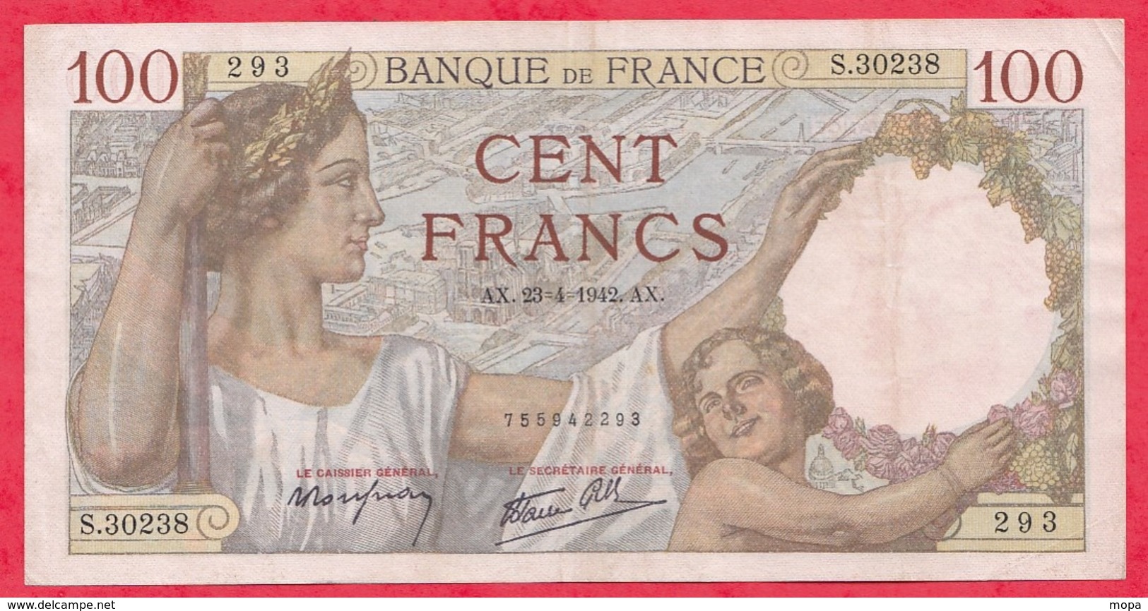 100 Francs "Sully" Du 23/04/1942.AX ----F/TTB+---Série S.30298---AUCUN TROU D EPINGLE - 100 F 1939-1942 ''Sully''