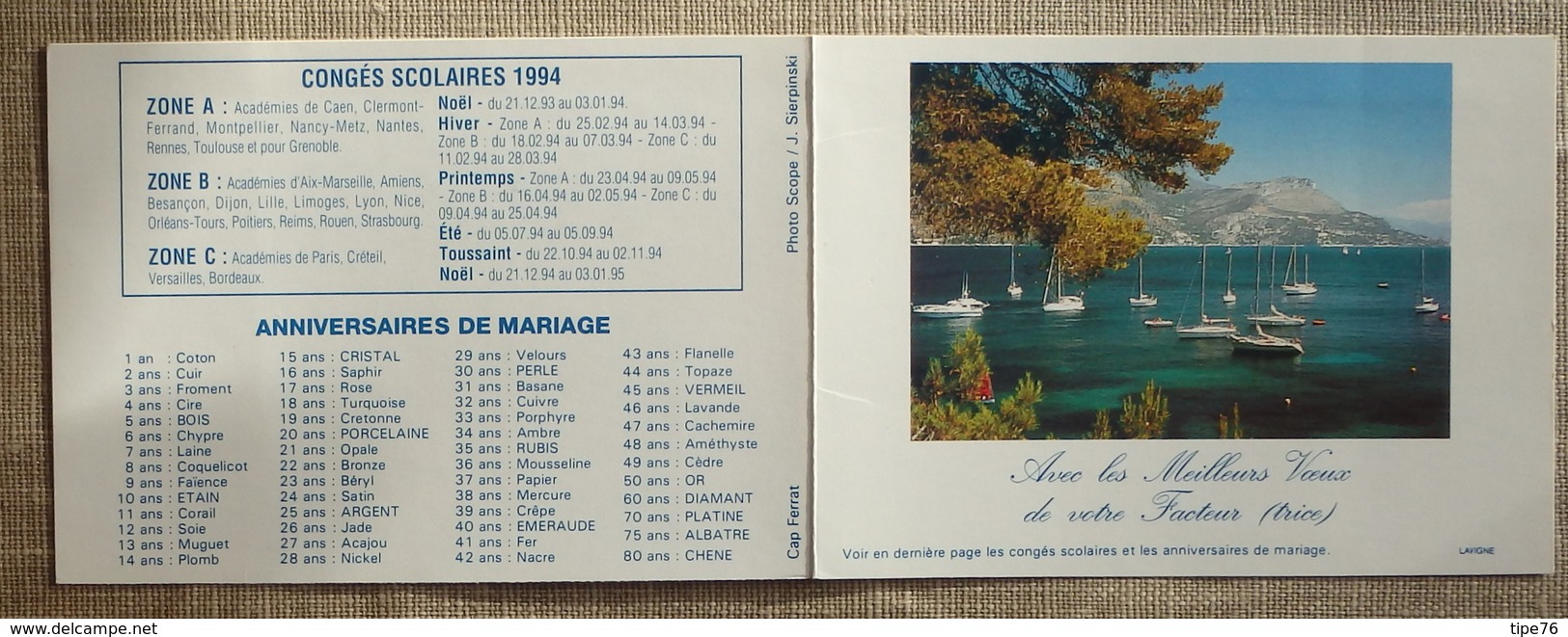 Petit Calendrier Poche 1994 Lavigne PTT Facteur  La Poste Paysage Cap Ferrat - Petit Format : 1991-00