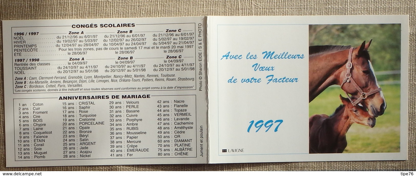 Petit Calendrier Poche 1997 Lavigne PTT Facteur  La Poste Jument Poulain - Petit Format : 1991-00