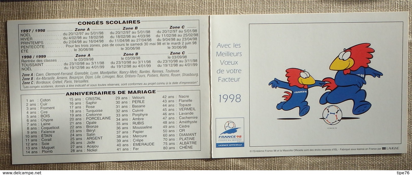 Petit Calendrier Poche 1998 Lavigne PTT Facteur  La Poste France Football Mascotte - Small : 1991-00