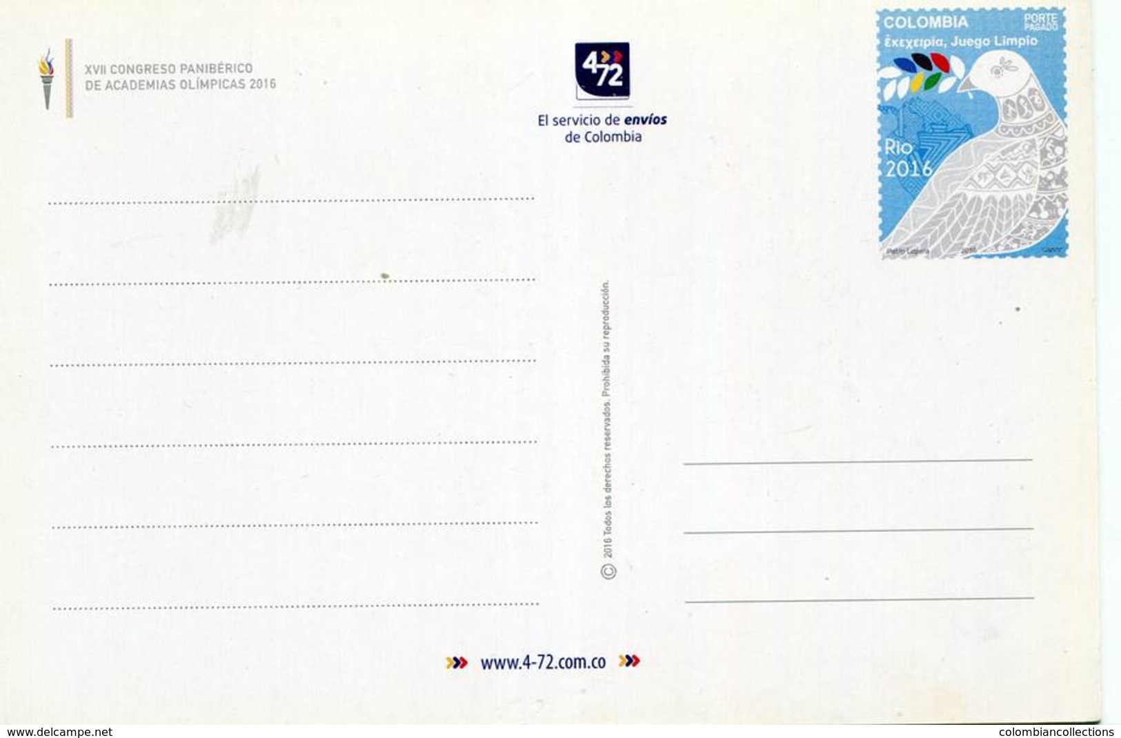 Lote PEP988, Colombia, 2016, Entero Postal, Postal Stationary, Postcard, Congreso Academias Olimpicas, Olympic Academies - Colombia