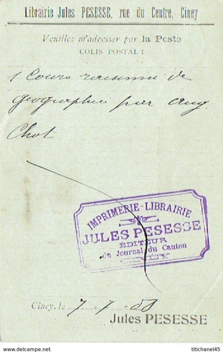 CP Publicitaire CINEY 1908 - Librairie Jules PESESSE - Editeur -  Imprimerie - Librairie - Ciney