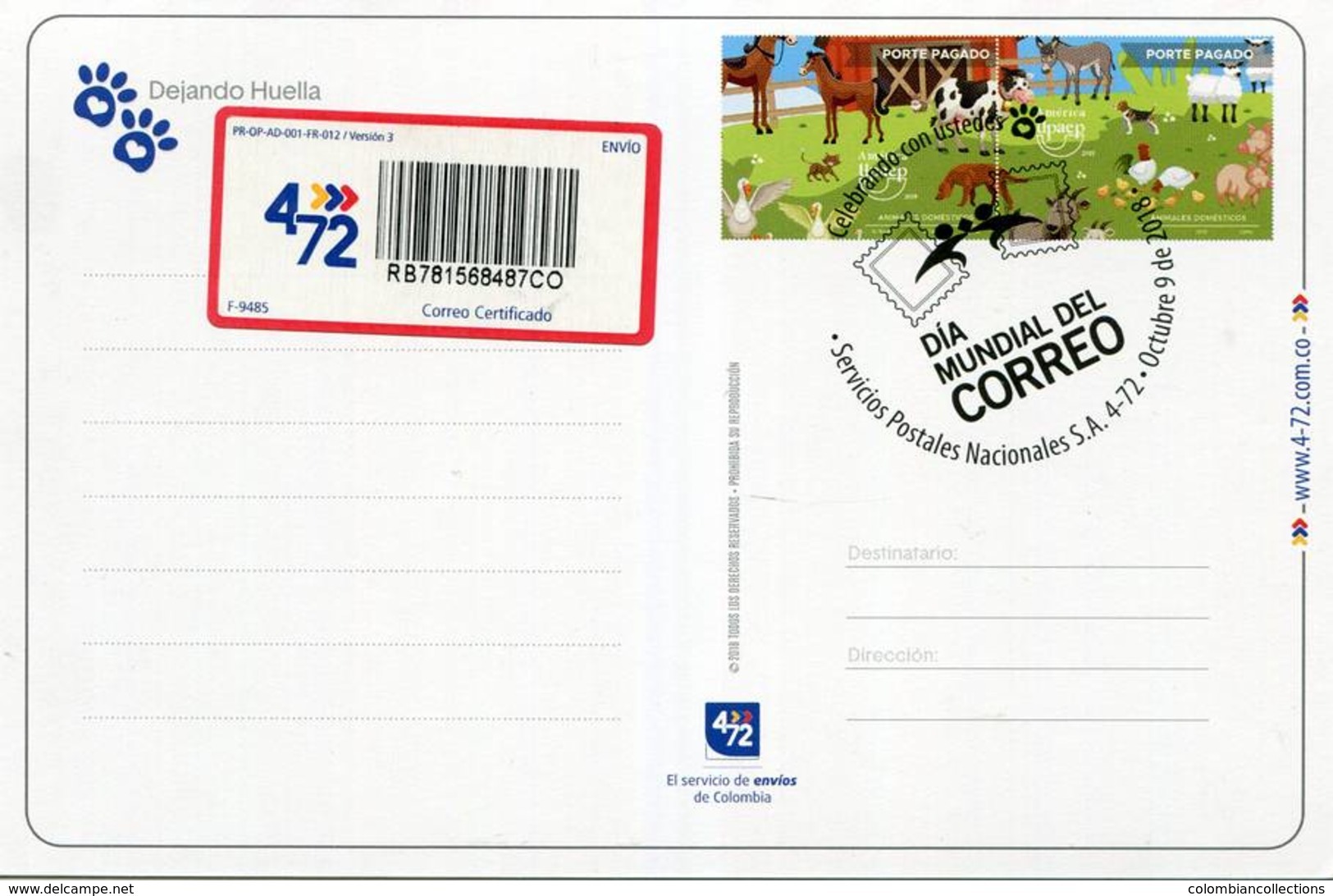 Lote PEP981a, Colombia, 2018, Entero Postal, Stationery, Certificado,Dia Mundial Del Correo, Upaep, Bicycle, Horse, Bird - Colombie