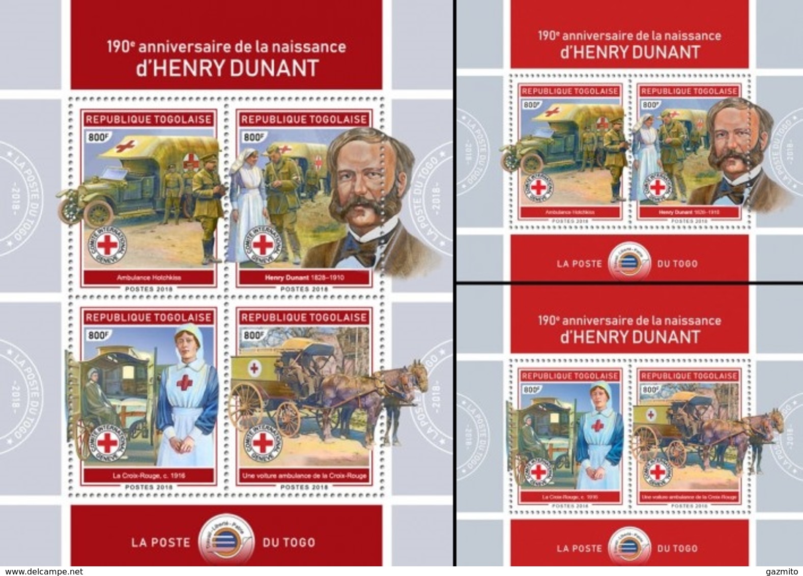 Togo 2018, Red Cross, Dunandt I, Cars, Carriage, Horse, 4val In BF+2BF - Henry Dunant