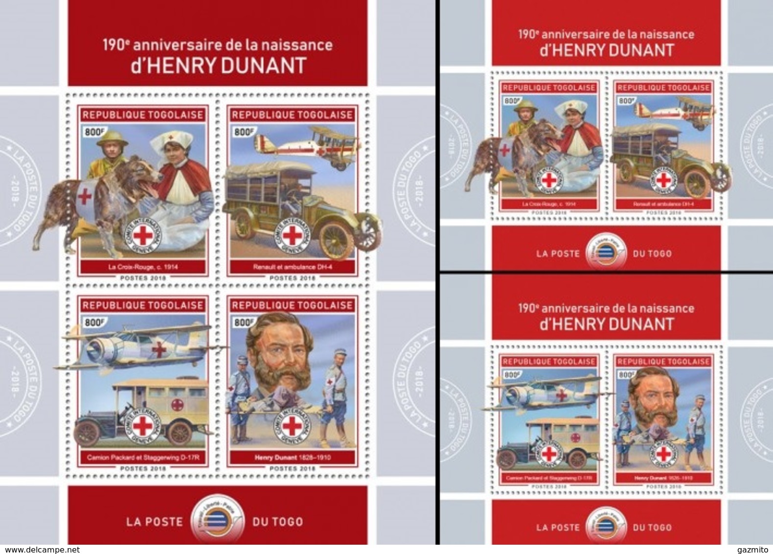 Togo 2018, Red Cross, Dunandt II, Cars, Dog, Planes, 4val In BF+2BF - Henry Dunant