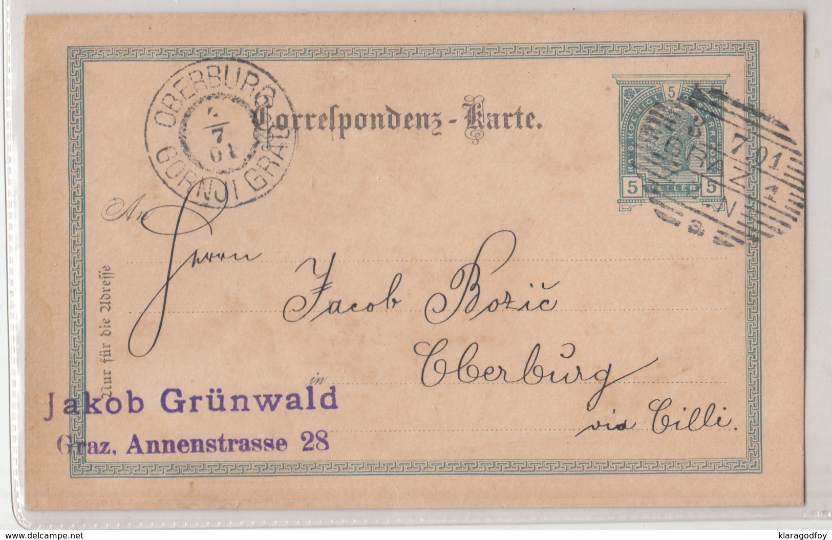 Austria, Postal Stationery Correspondenz-karte Travelled 1901 Graz To Gornji Grad (Oberburg) B190110 - Slovénie