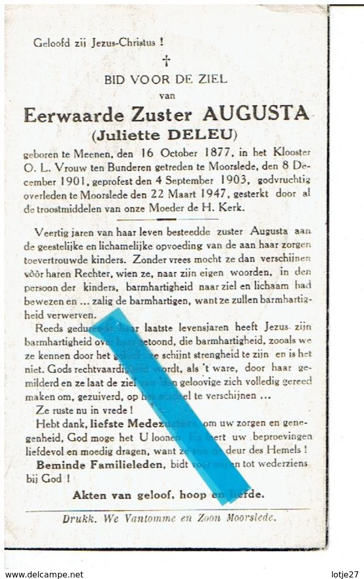 Zuster Augusta(Juliette Deleu)geb.Menen 1877 Overl. Moorslede1947 - Religion & Esotérisme