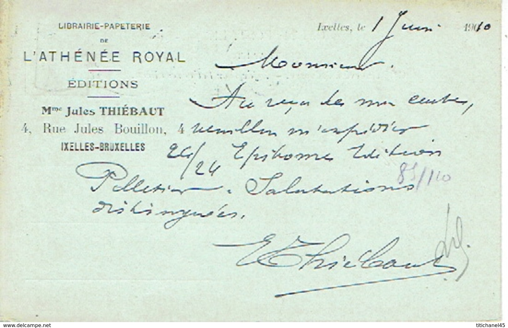 CP/PK Publicitaire IXELLES-BRUXELLES 1910 - Librairie-Papeterie De L'ATHENEE ROYAL - EDITIONS - Mme Jules THIEBAUT - Elsene - Ixelles