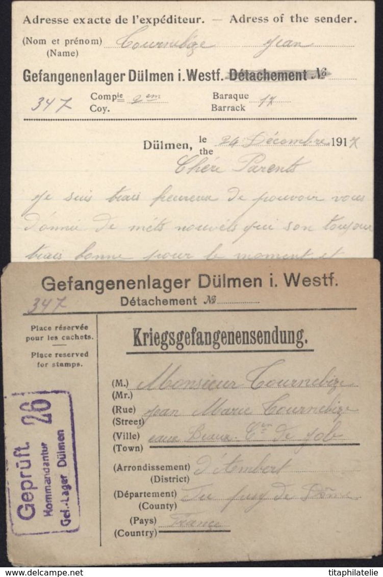 Guerre 14 Prisonnier Français à Dülmen Westfallié Enveloppe Formulaire Censure Gepruft Kommandantur Gef Lager Dulmen - Guerre De 1914-18