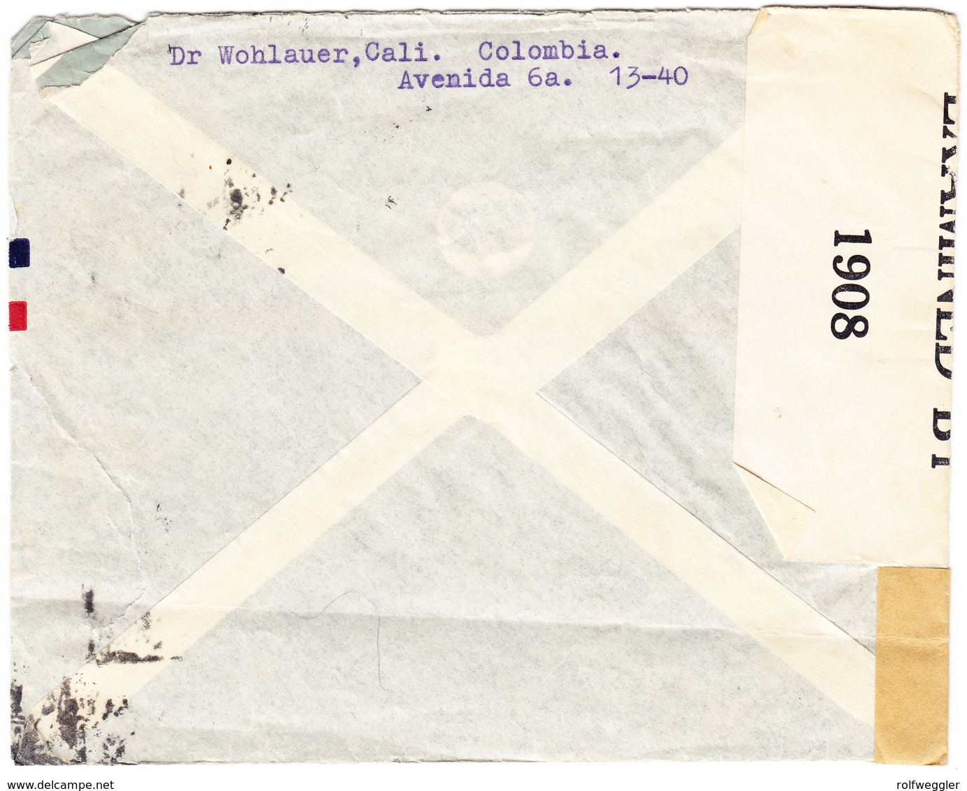 1942 Zensurierter Flugbrief Aus Cali Nach Genf; Stempel: Transatlantik Post: Bedarfspuren - Colombie