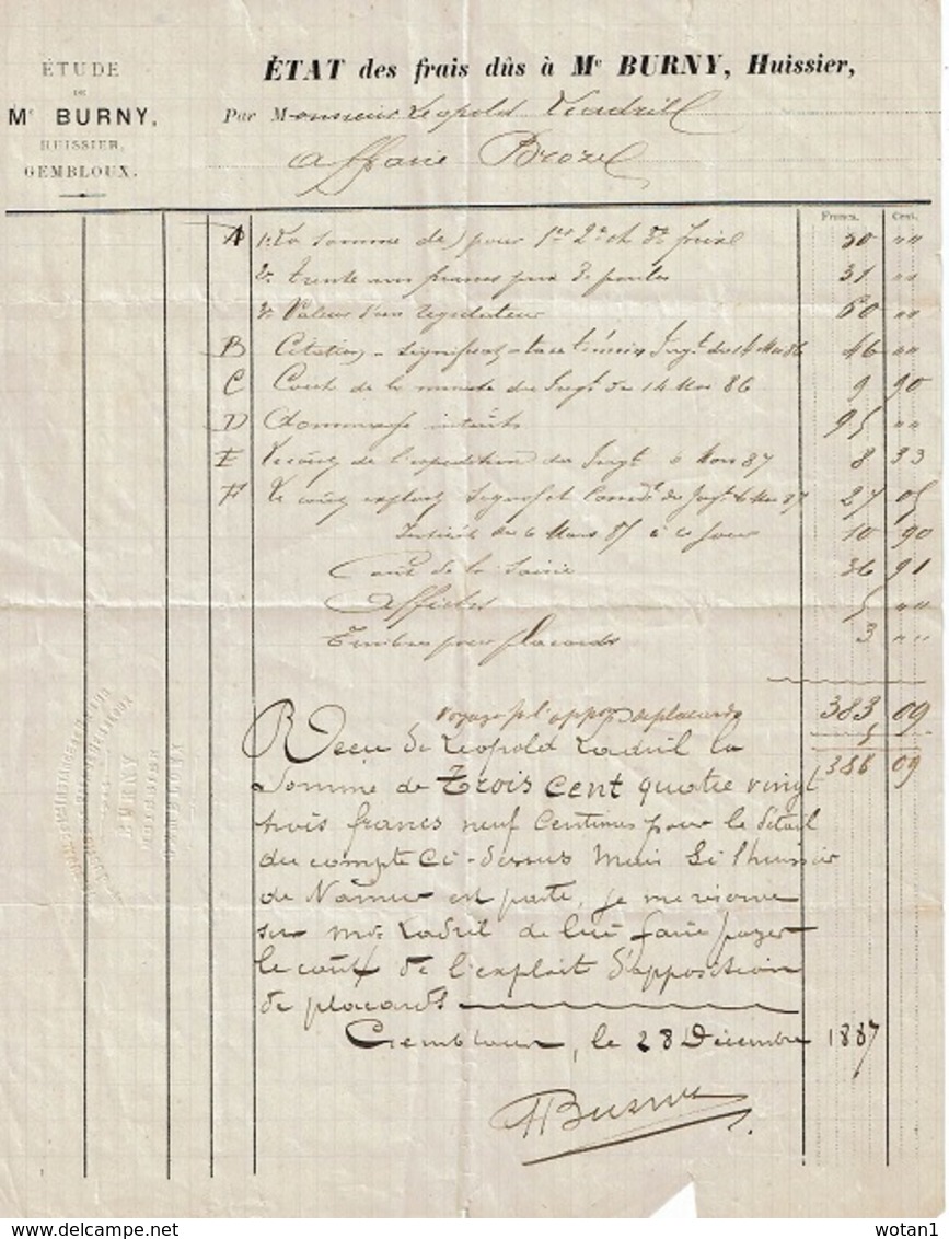 Etat Des Frais Dûs à Me BURNY, Huissier à GEMBLOUX - 1800 – 1899