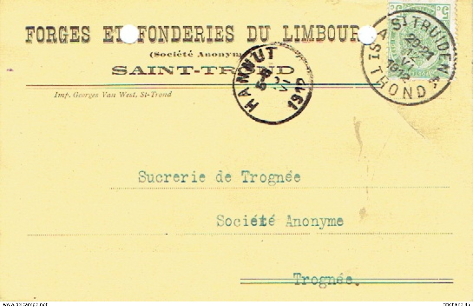 Postkaart Publicitaire SAINT-TROND 1912 >Sucrerie De Trognée - Header FORGES ET FONDERIES DU LIMBOURG Te SINT-TRUIDEN - Sint-Truiden
