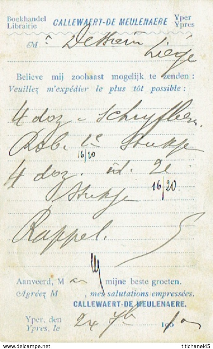 Postkaart Publicitaire  IEPER 1910 - Header CALLEWAERT-DE MEULENAERE Boekhandel Te YPRES - Ieper