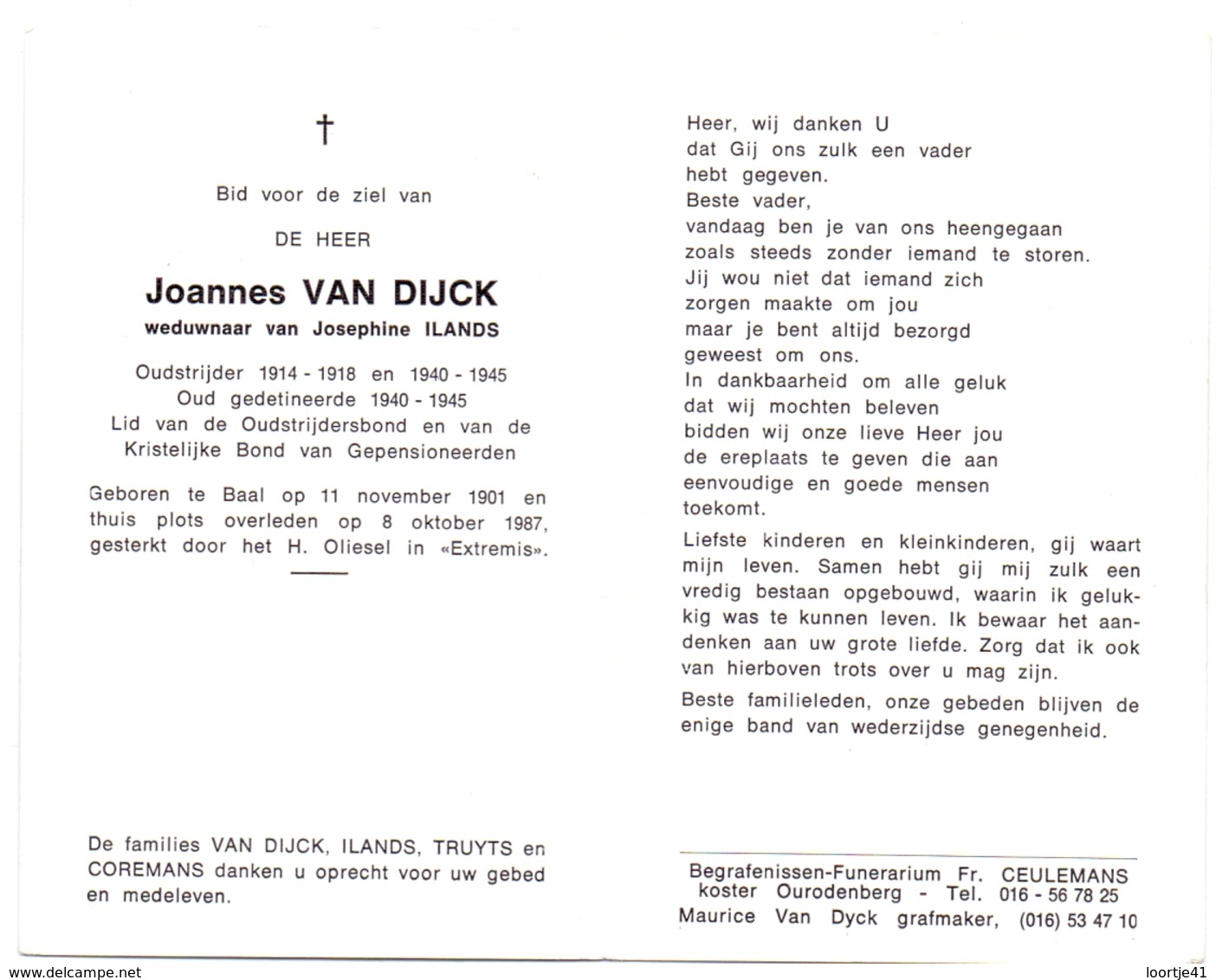 Devotie - Doodsprentje Overlijden - Oudstrijder Joannes Van Dijck - Baal 1901 - 1987 - Décès
