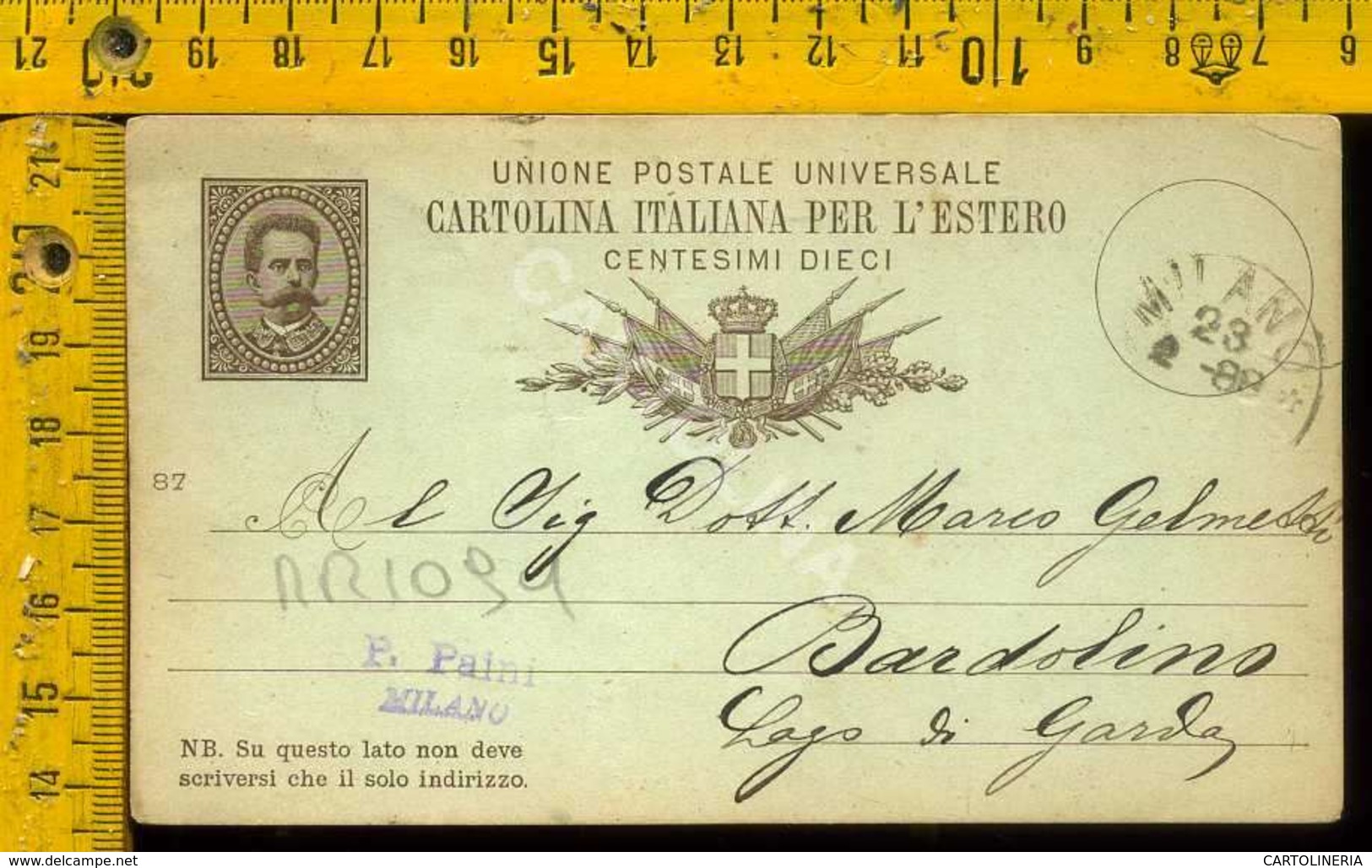 Regno Umberto Cartolina Intero Postale Lago Di Garda Bardolino Da Milano - Storia Postale