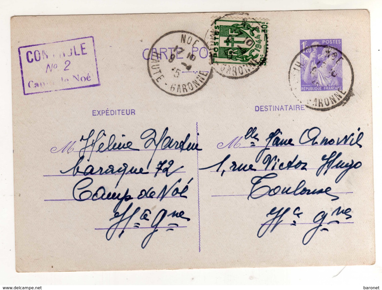 Entier Postal Iris 1f20 + 30c Chaines Tad Noé 9 4 45 + Tampon Controle / N° 2 / Camp De Noé - WW II