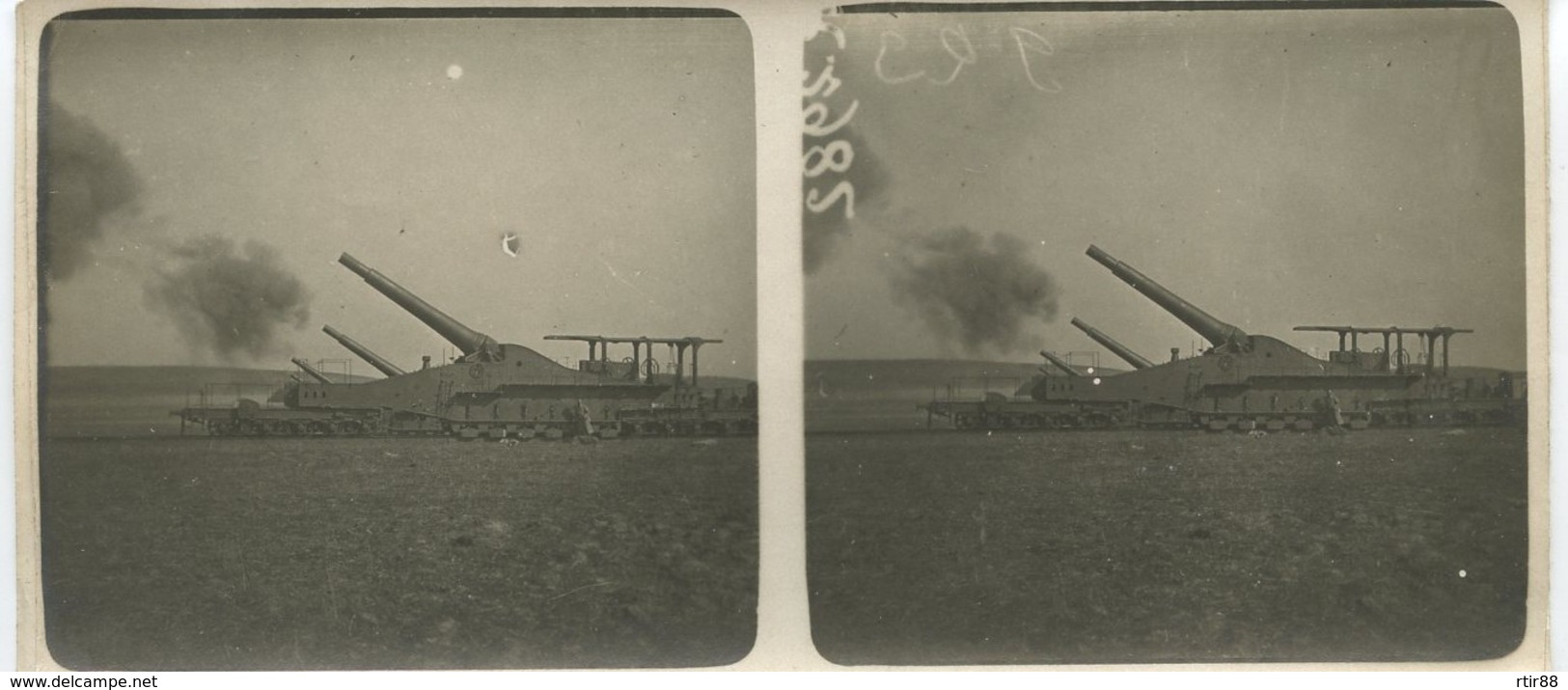 Belle Photo Stéréo Tir De Trois Canons Lourds Sur Voie Ferrée 14-18 12,5 X 6 Cm - 1914-18