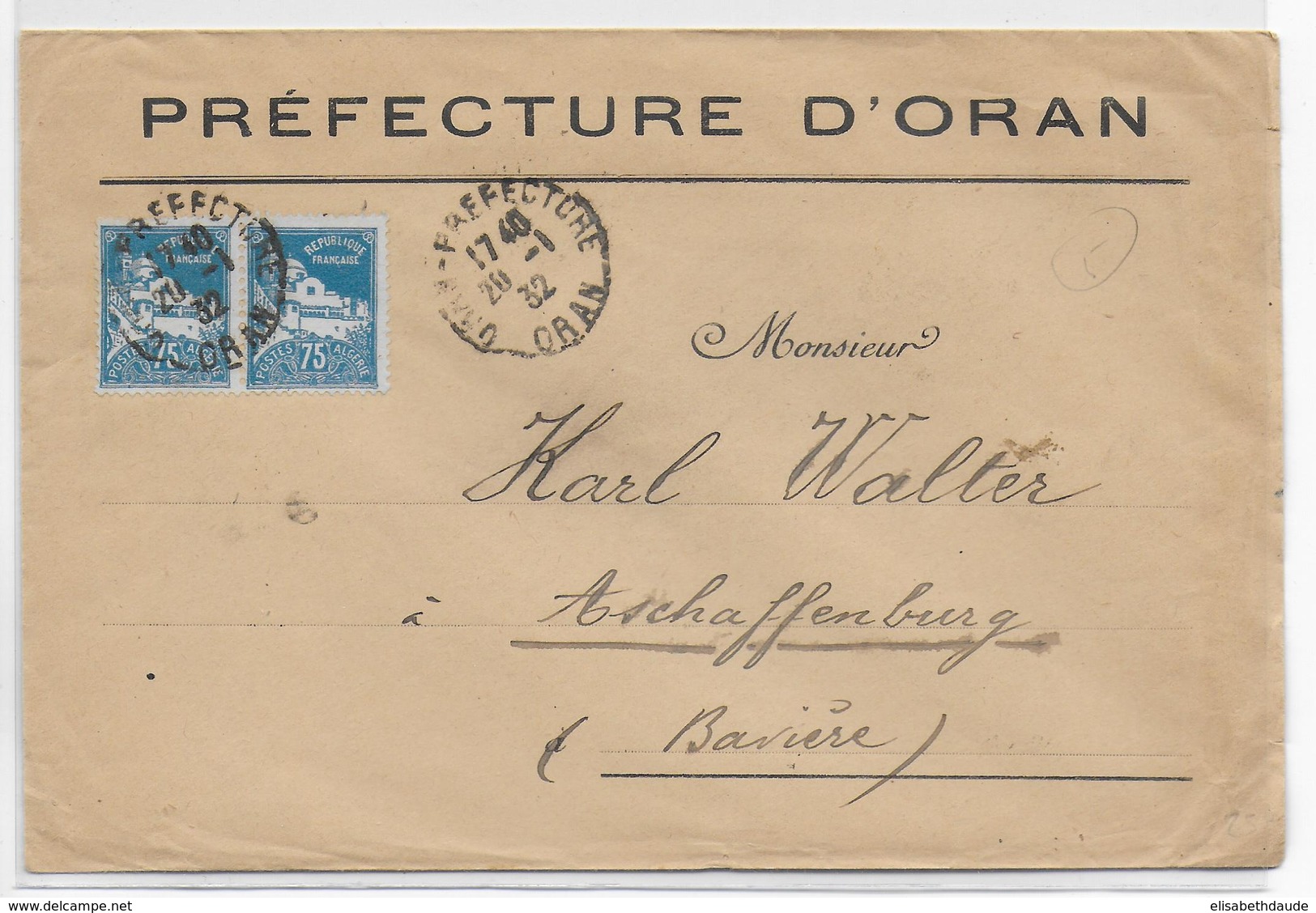 ALGERIE - 1932 - ENVELOPPE De La PREFECTURE D'ORAN => ASCHAFFENBURG (BAVIERE) - Briefe U. Dokumente