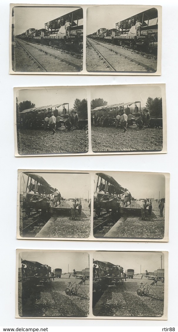 Serie De 4 Photos De Poilus Déchargeant Des Avions Démontés D'un Train Aviation 14-18 12,5 X 6 Cm - 1914-18