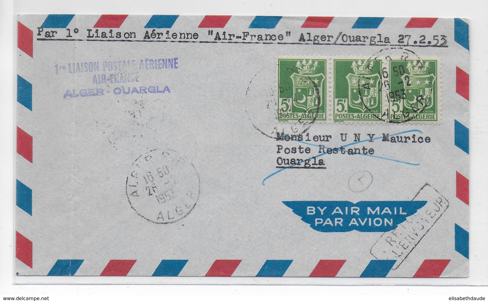 ALGERIE - 1953 - ENVELOPPE Par 1° VOL AIR FRANCE - ALGER à OUARGLA - Storia Postale