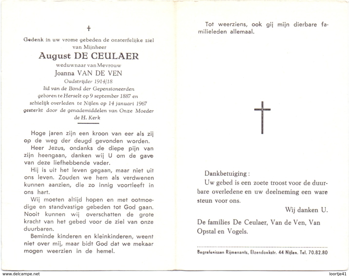 Devotie - Doodsprentje Overlijden - Oudstrijder August De Ceulaer - Herselt 1887 - Nijlen 1967 - Décès