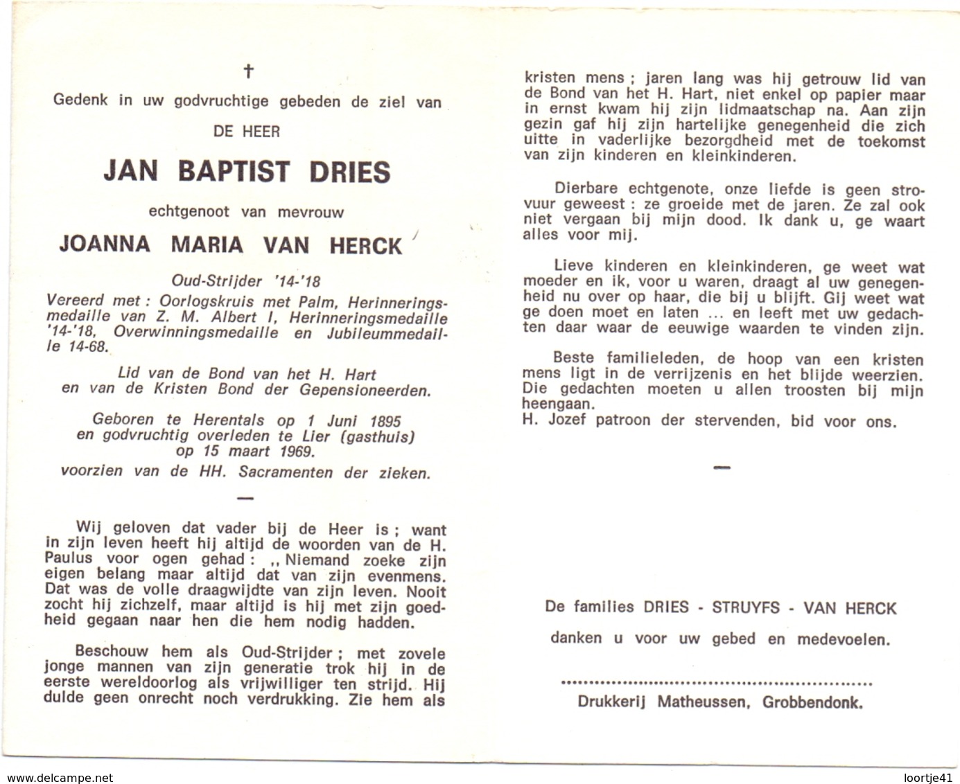 Devotie - Doodsprentje Overlijden - Oudstrijder Jan Baptist Dries - Herentals 1895 - Lier 1969 - Décès